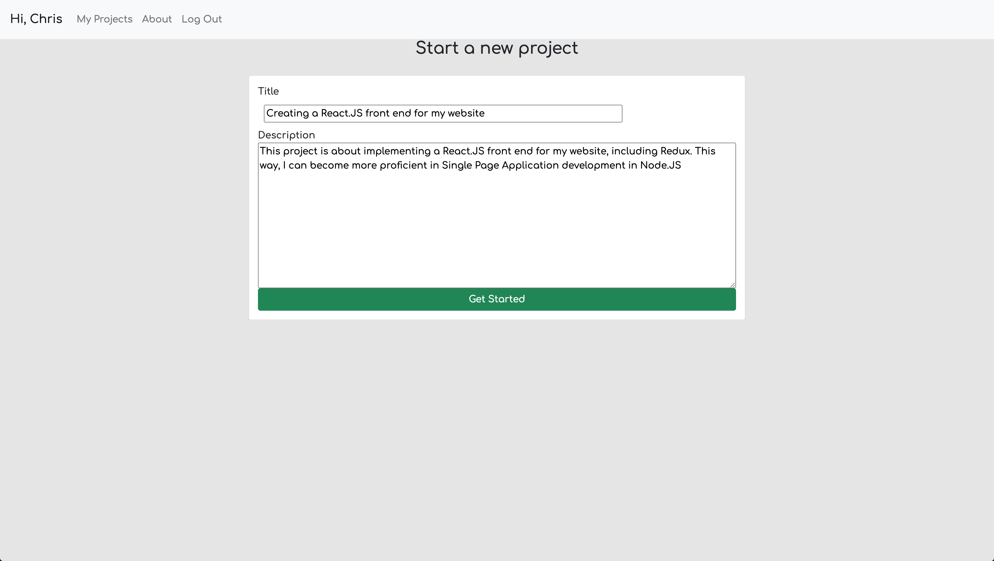 A screenshot of the new project page, with 'Creating a React.JS front end for my website' in the title and 'This project is about implementing a React.JS front end for my website, including Redux. This way, I can become more proficient in Single Page Application development in Node.JS' in the description