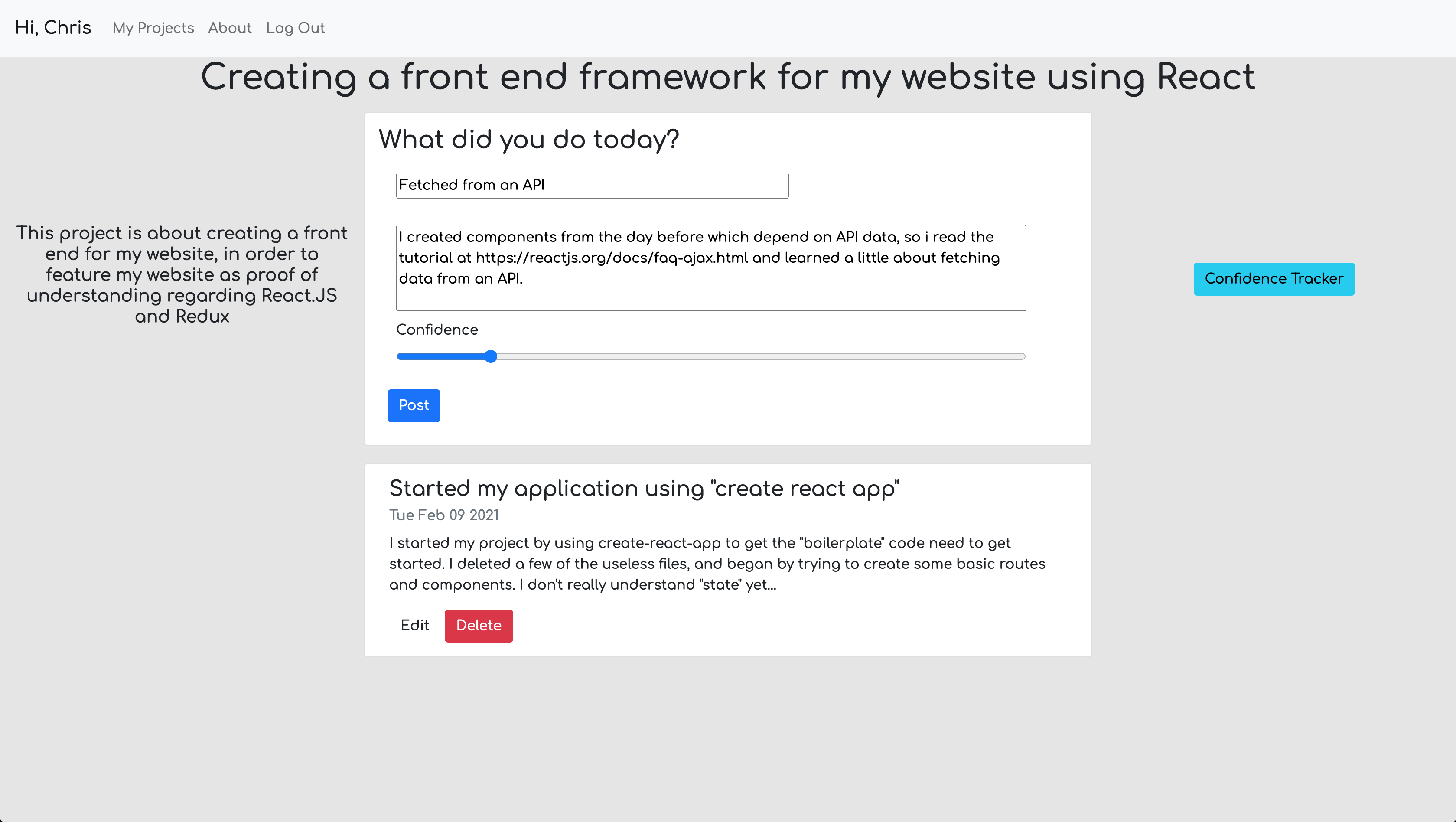 An example with two entries on the project page, each with a title, description, and date visible. Borders of the pages have the project description, project title, and a button for the confidence tracker